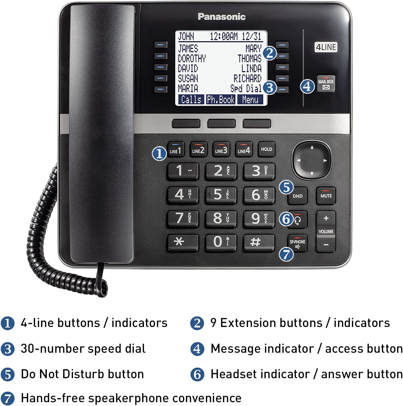Panasonic Office Phone, Expandable 4-Line Desk Phone for Small and Medium Business, Corded Phone Base Station Expandable Up to 10 Business Phones Wirelessly - KX-TGW420B (Black)