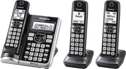 Panasonic Link2Cell Bluetooth Cordless Phone System with Voice Assistant, Call Blocking and Answering Machine. DECT 6.0 Expandable Cordless System - 3 Handsets - KX-TGF573S (Black/Silver Trim)